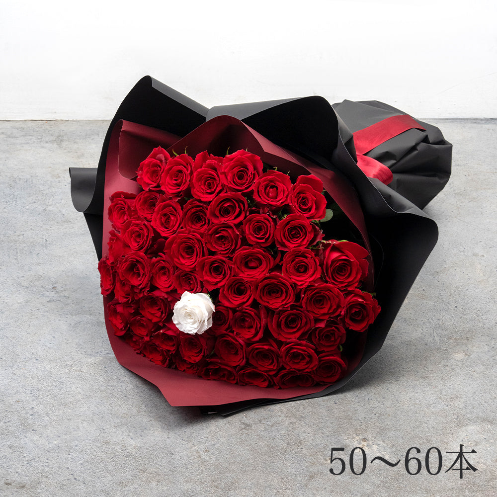 50～60本の赤バラの花束_黒×赤ラッピング_赤リボン