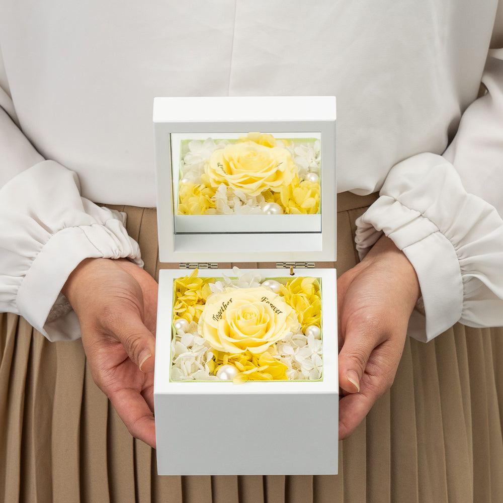 高級ホワイトオルゴールBOX お花イッパイ!プリザーブドフラワー プロポーズ用 アジサイver._イエロー