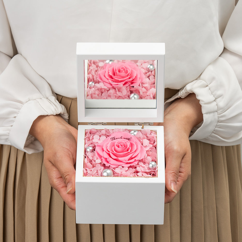 高級ホワイトオルゴールBOX お花イッパイ!プリザーブドフラワー プロポーズ用 アジサイver._ピンク&ホワイト