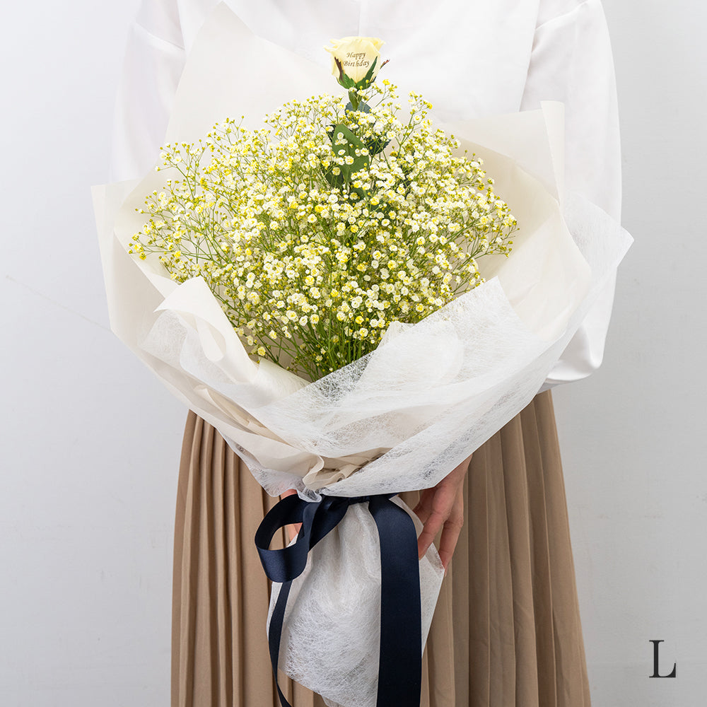 想いを伝える生花かすみ草花束 花びらメッセージ 選べるカラー_イエロー_L