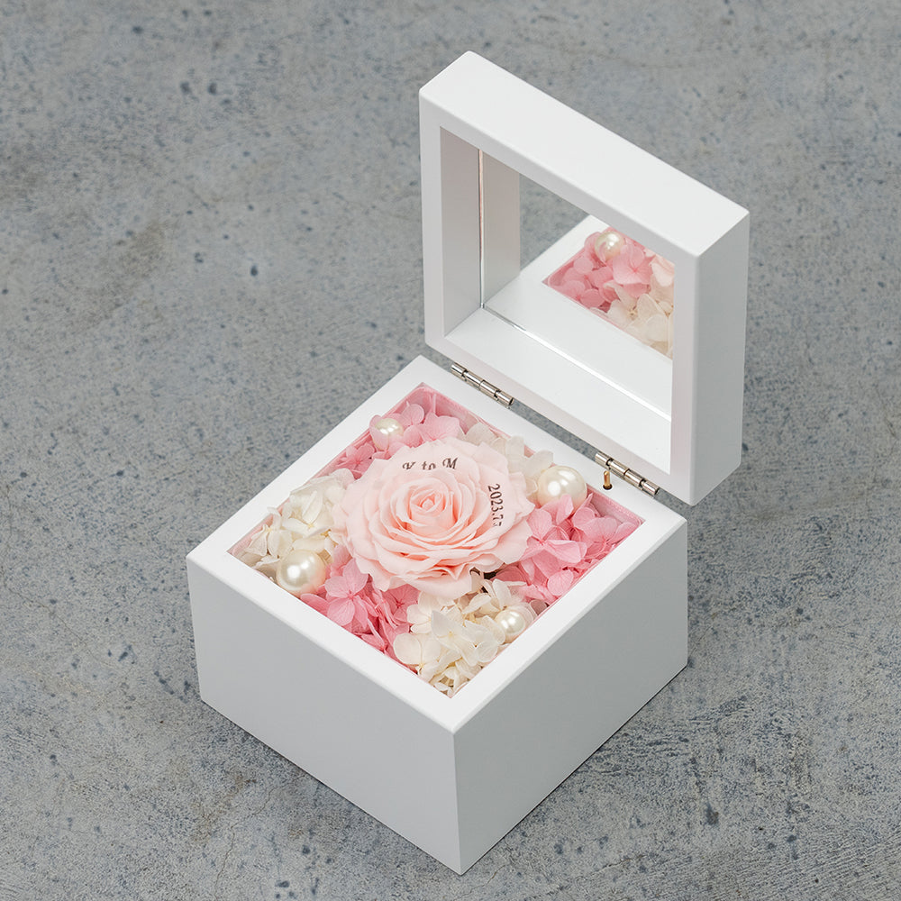 高級ホワイトオルゴールBOX お花イッパイ!プリザーブドフラワー プロポーズ用 アジサイver._ピンク