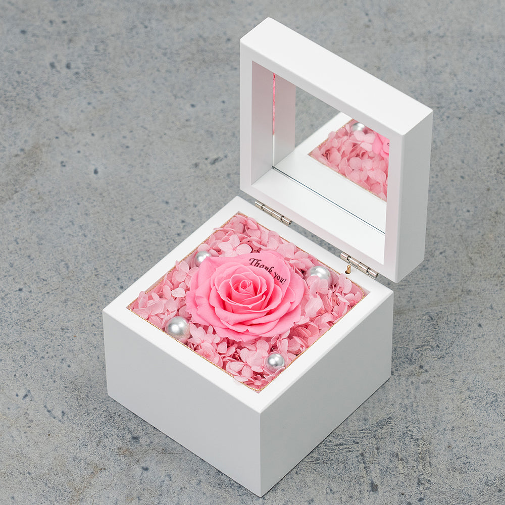 高級ホワイトオルゴールBOX お花イッパイ!プリザーブドフラワー プロポーズ用 アジサイver._ピンク&ホワイト