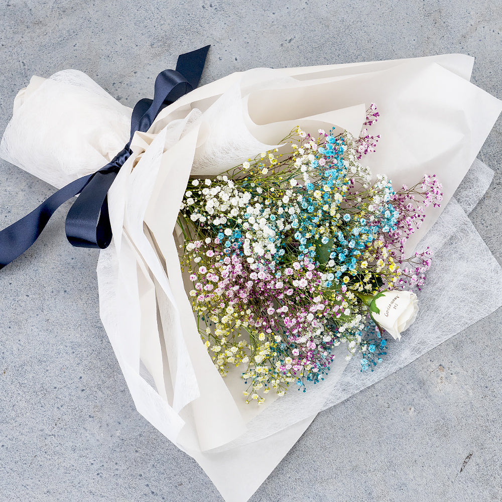 想いを伝える生花かすみ草花束 花びらメッセージ 選べるカラー_ミックス