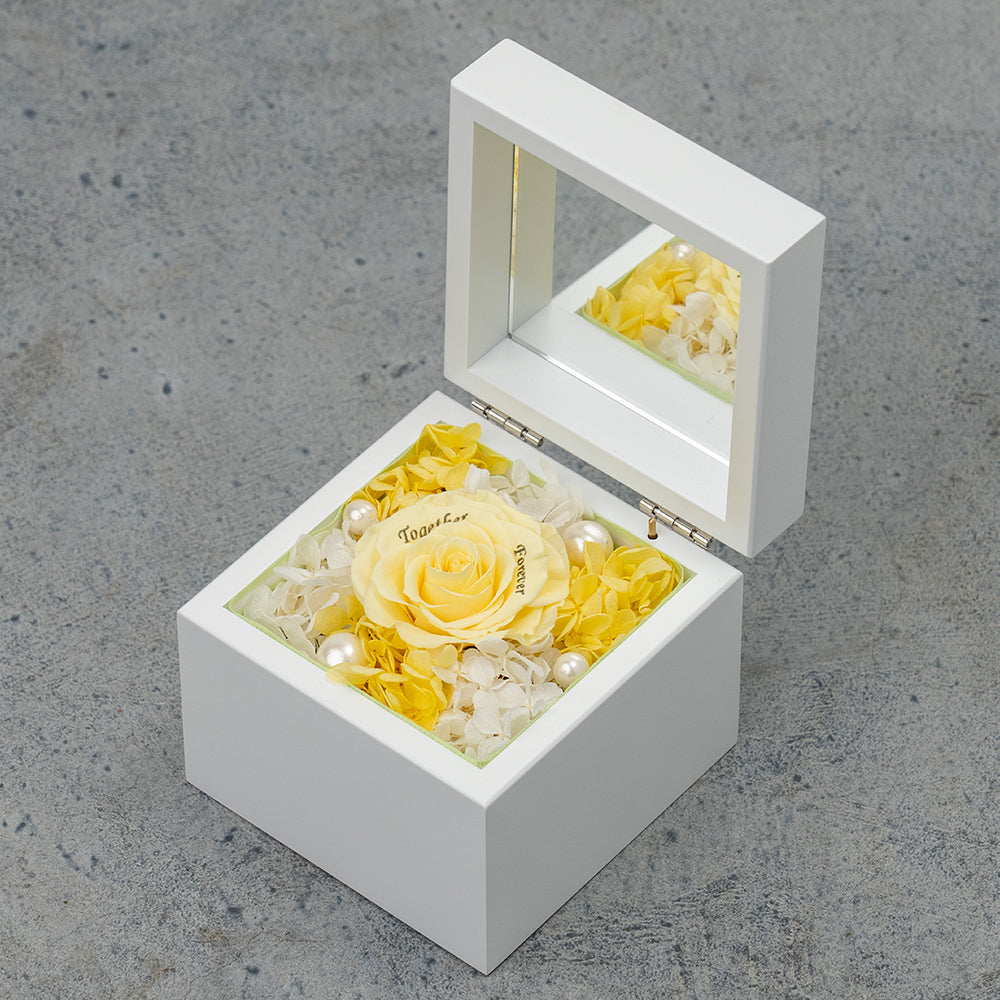 高級ホワイトオルゴールBOX お花イッパイ!プリザーブドフラワー プロポーズ用 アジサイver._イエロー