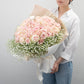 生花かすみ草とピンクのバラの花束 プロポーズの定番 花びらメッセージ