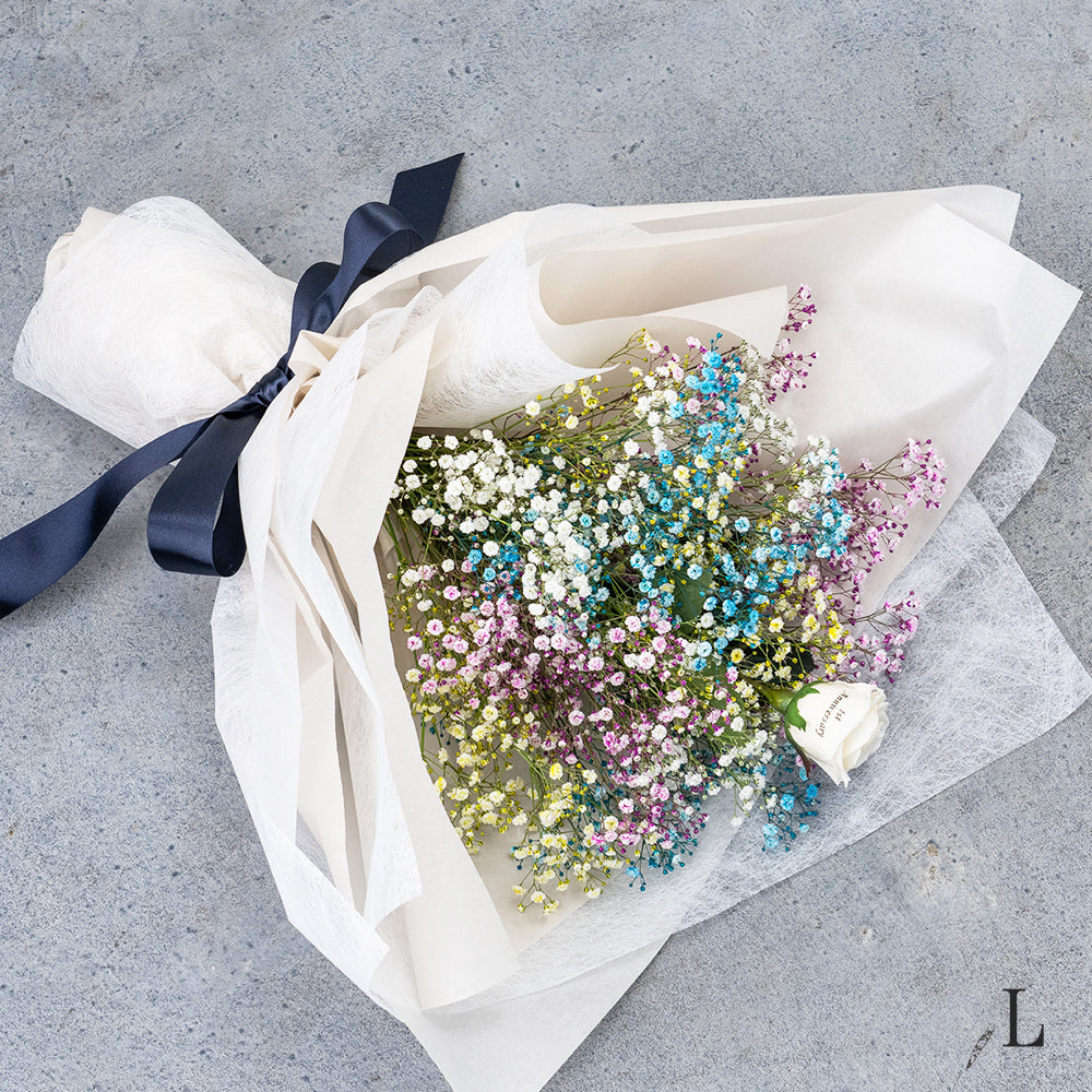 想いを伝える生花かすみ草花束 花びらメッセージ 選べるカラー_ミックス_L