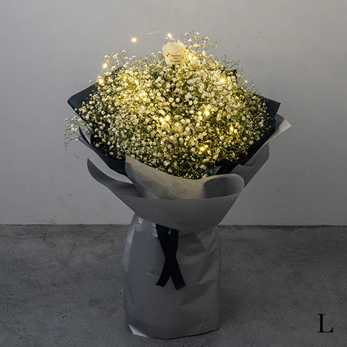 花びらメッセージ　"生花"かすみ草の花束　光る星屑アレンジ_L