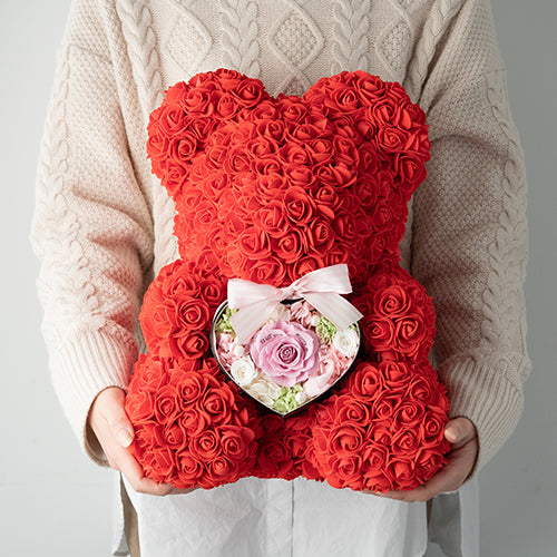 幸せを呼ぶローズテディベア抱っこハートアレンジメント_ピンク