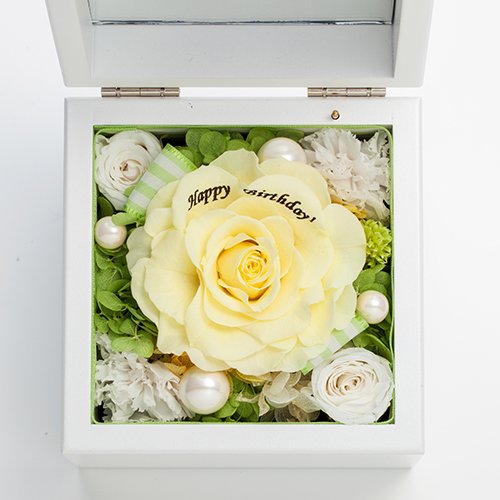 高級ホワイトオルゴールBOX お花イッパイ!プリザーブドフラワー プロポーズ用_イエロー